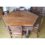 Antique Vintage Hexagonal Oak Dining Table Bobbin Stretchers & Four Chairs