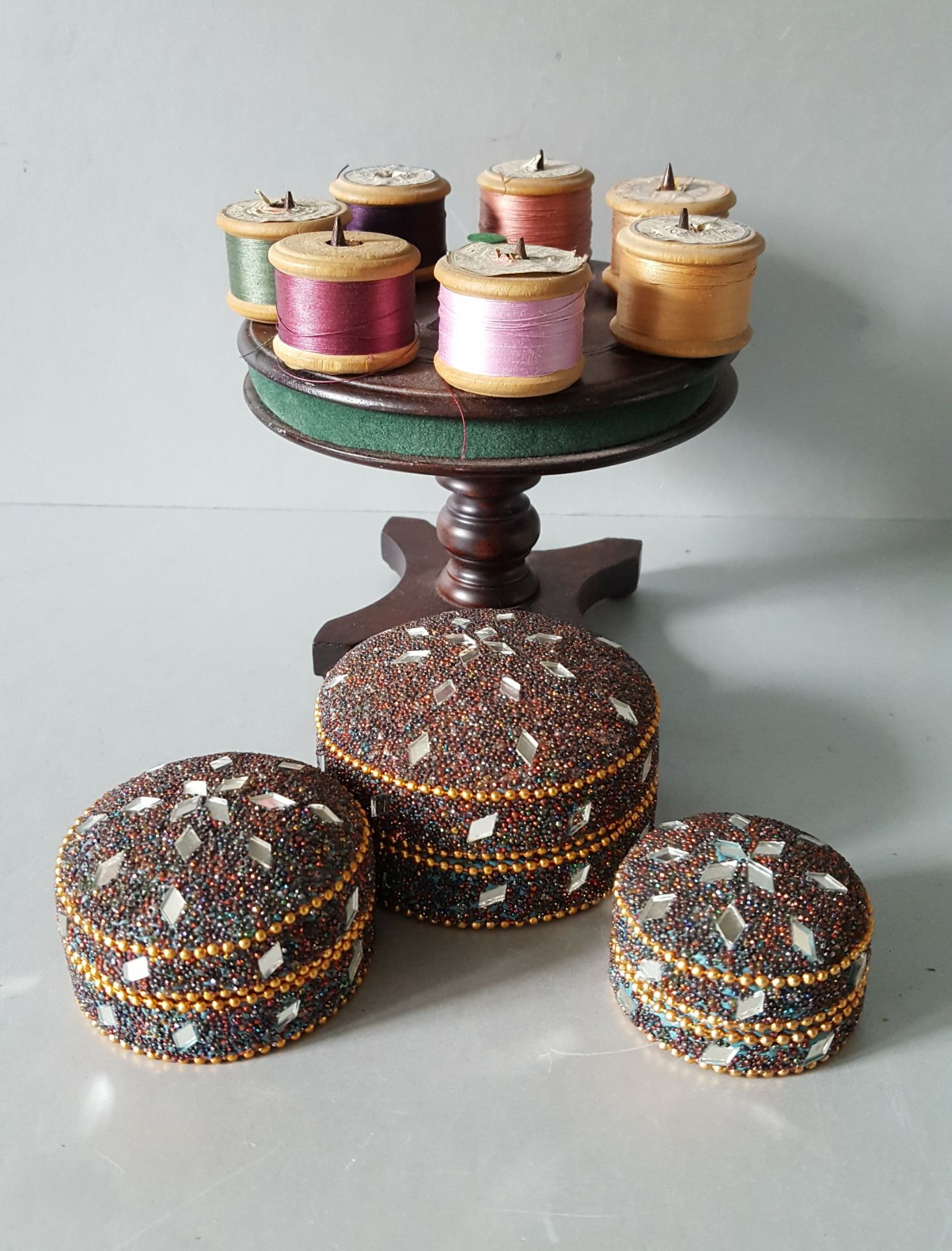 Antique Vintage Wood Turntable Cotton Reel Holder & 3 Boxes - Image 2 of 3