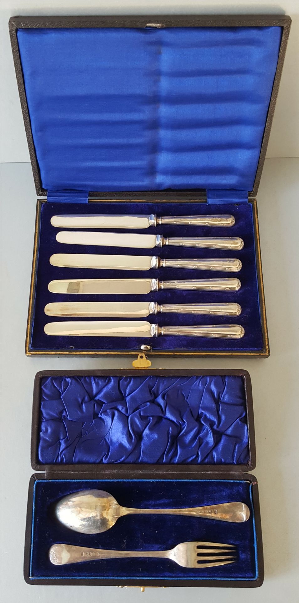 Antique Cased Sterling Silver Fruit Knife Set & Plated Desert Spoon & Fork