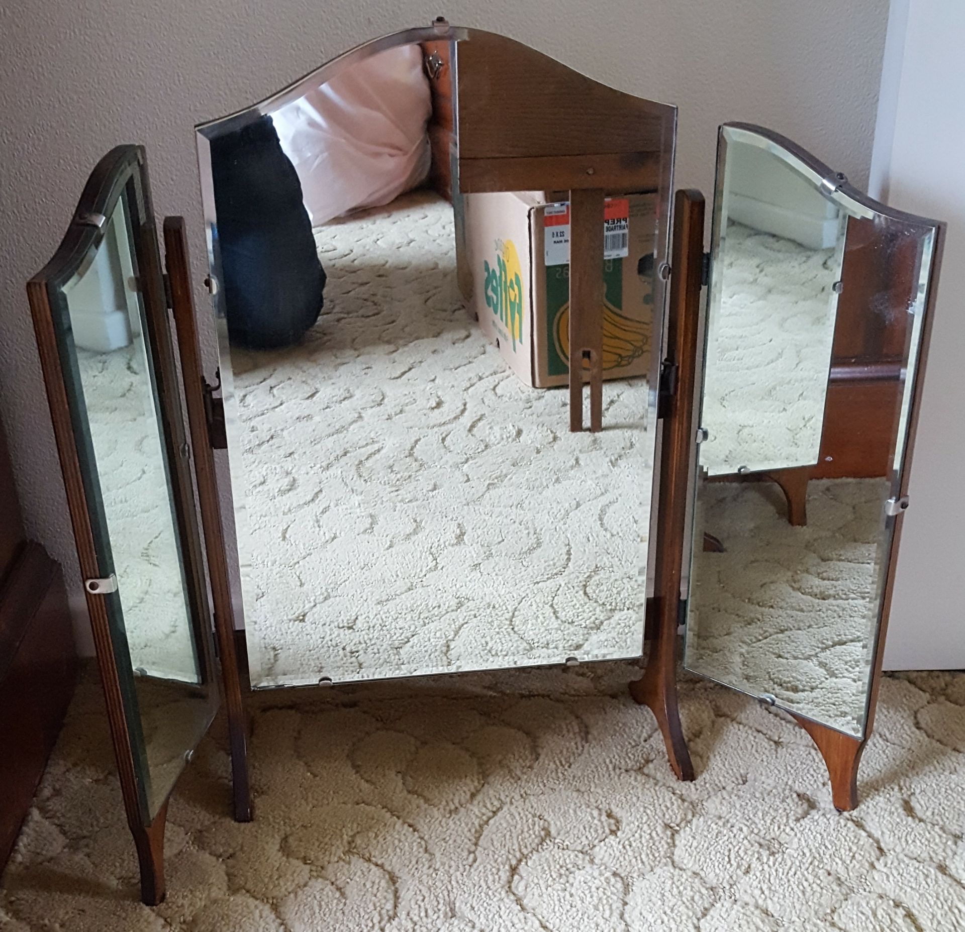 Vintage Bevelled Tri Fold Wooden Table Top Mirror c1930's NO RESERVE