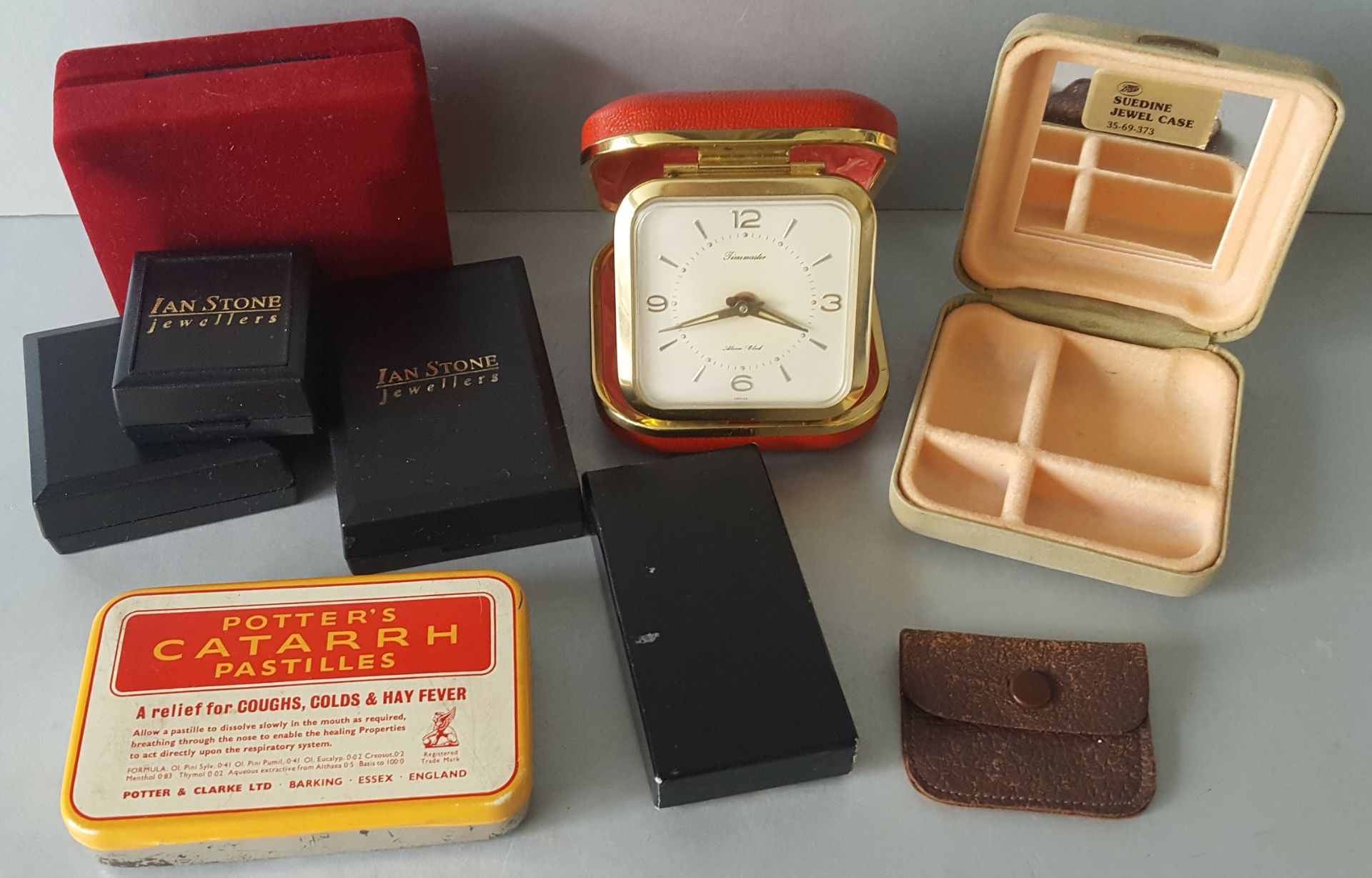 Vintage Retro Parcel of Jewellery Boxes, Tin & Time Mater Travel Alarm Clock