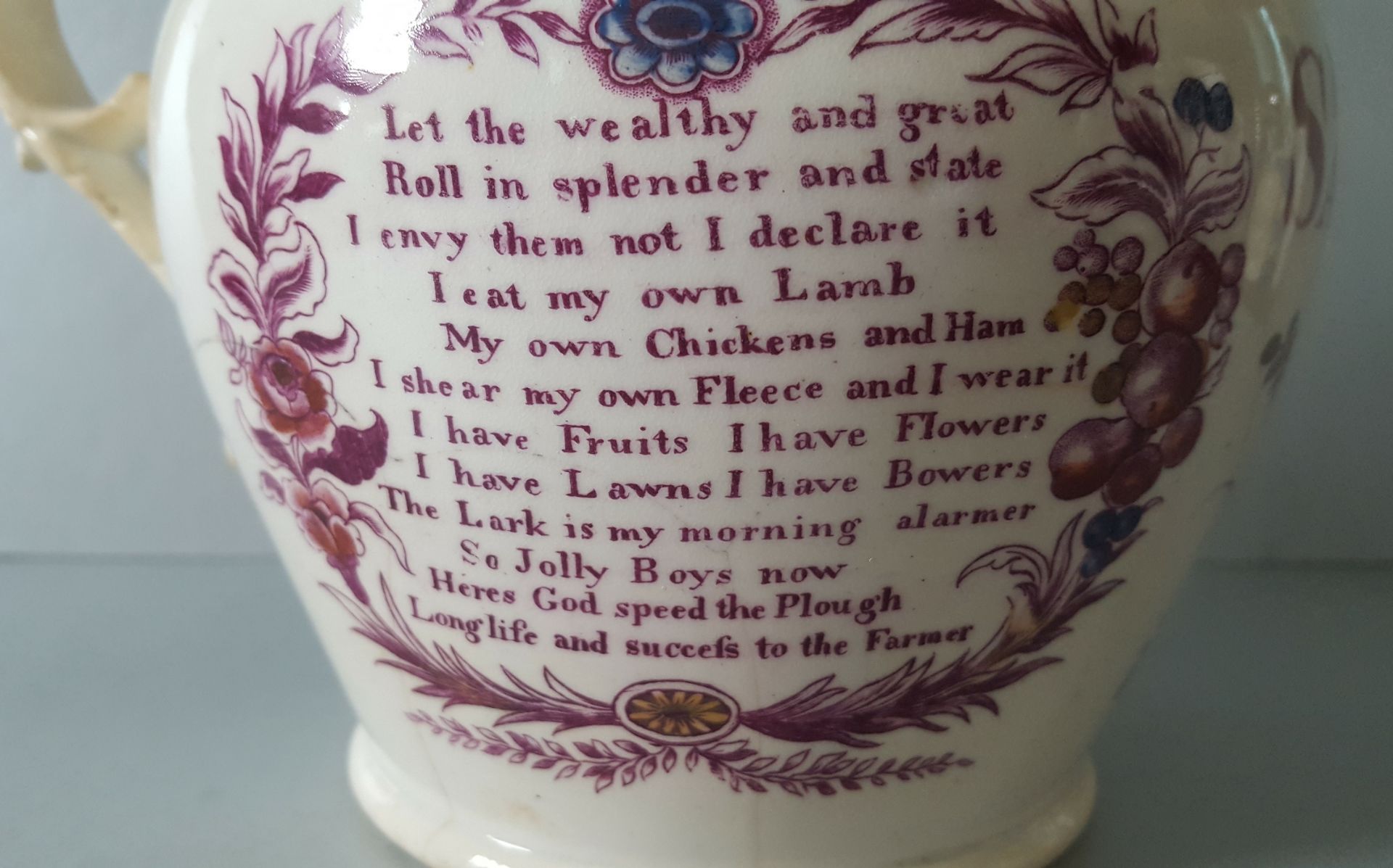 Antique Vintage Sunderland Lustre Jug 1831 Samuel Knobs With Farming Image & Verse. - Bild 4 aus 7