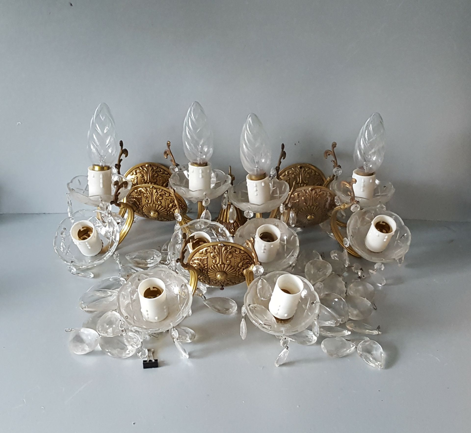 Vintage Retro 3 Chandeliers Gold Coloured Metal With 5 Wall Lights - Image 5 of 5