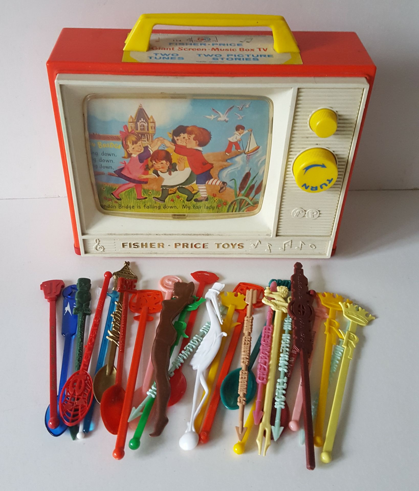 Vintage Retro Kitsch Fisher Price Musical TV & Advertising Cocktail Sticks no reserve