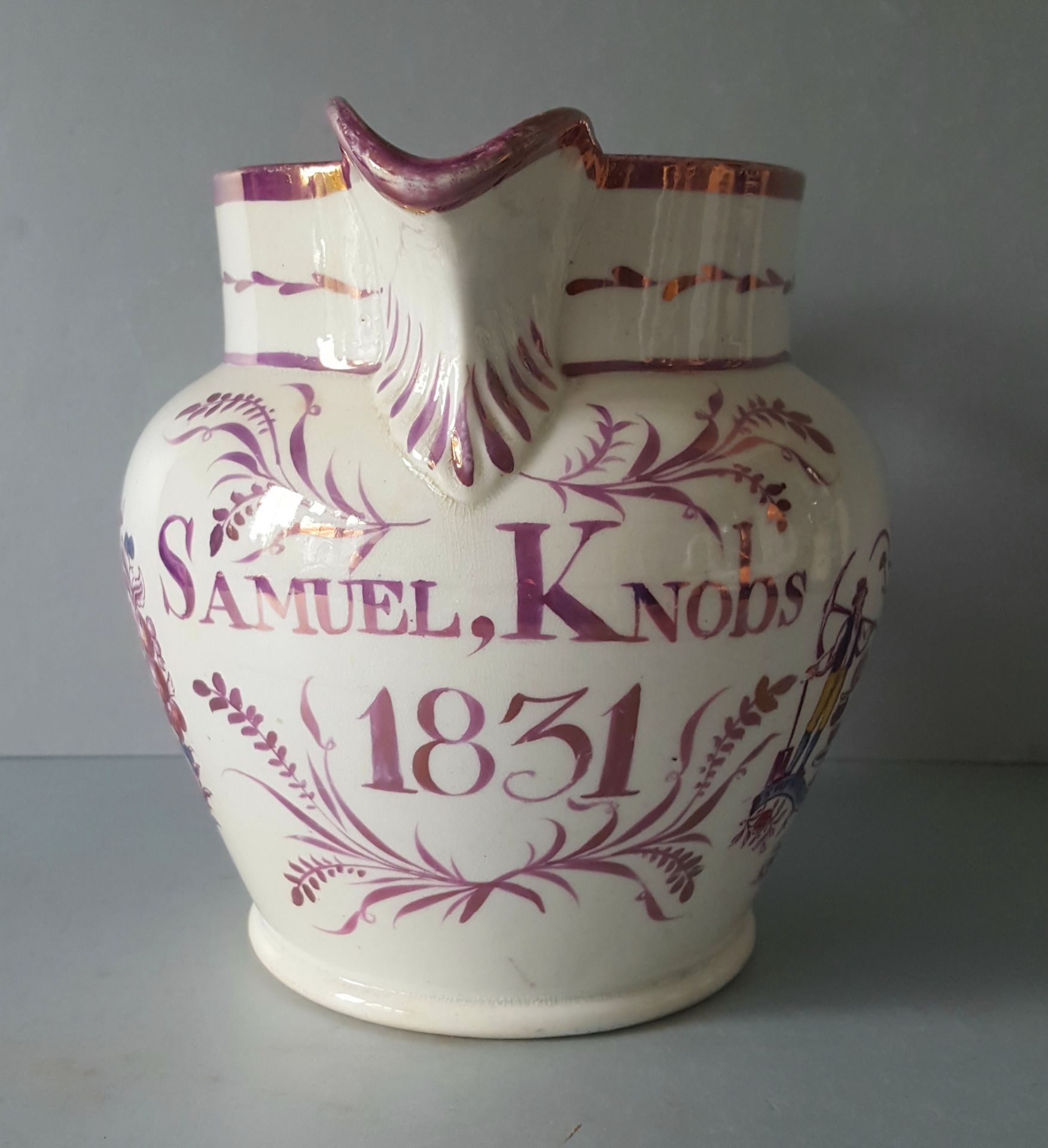 Antique Vintage Sunderland Lustre Jug 1831 Samuel Knobs With Farming Image & Verse. - Image 2 of 7