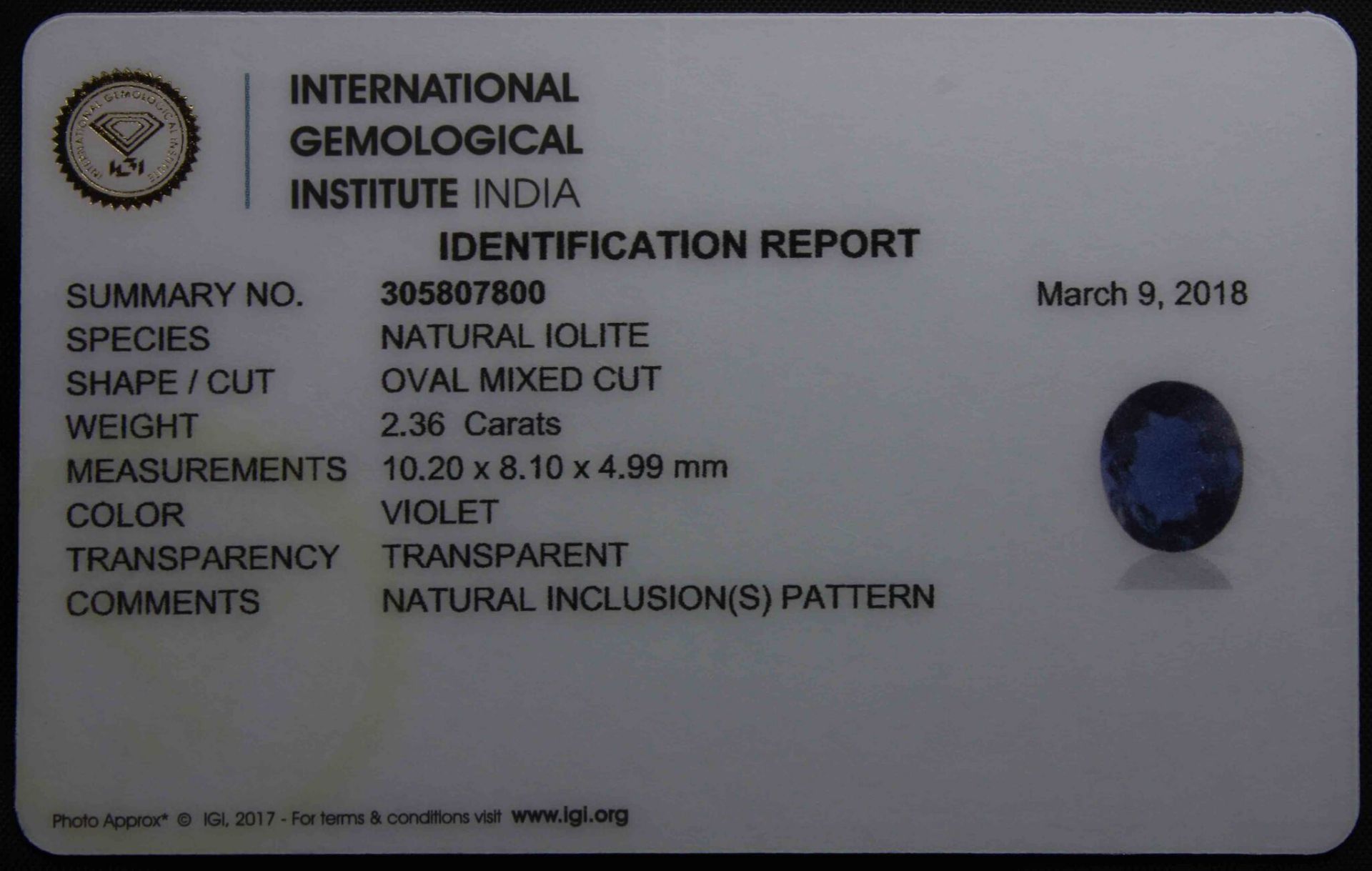 2.36 Ct Igi Certified Iolite - Without Reserve - Image 4 of 4