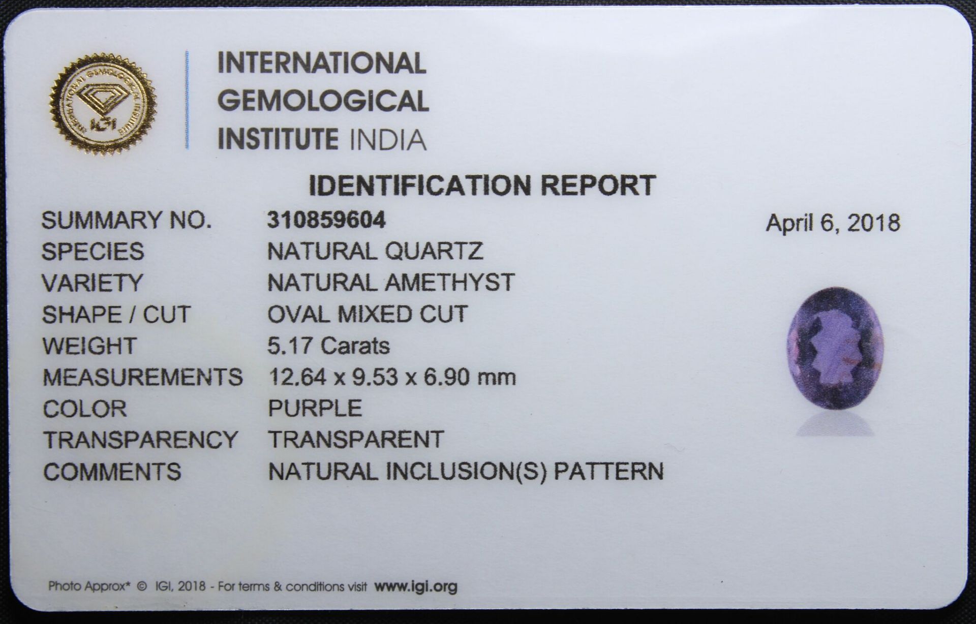 5.17 Ct Igi Certified Amethyst -Without Reserve - Image 2 of 2