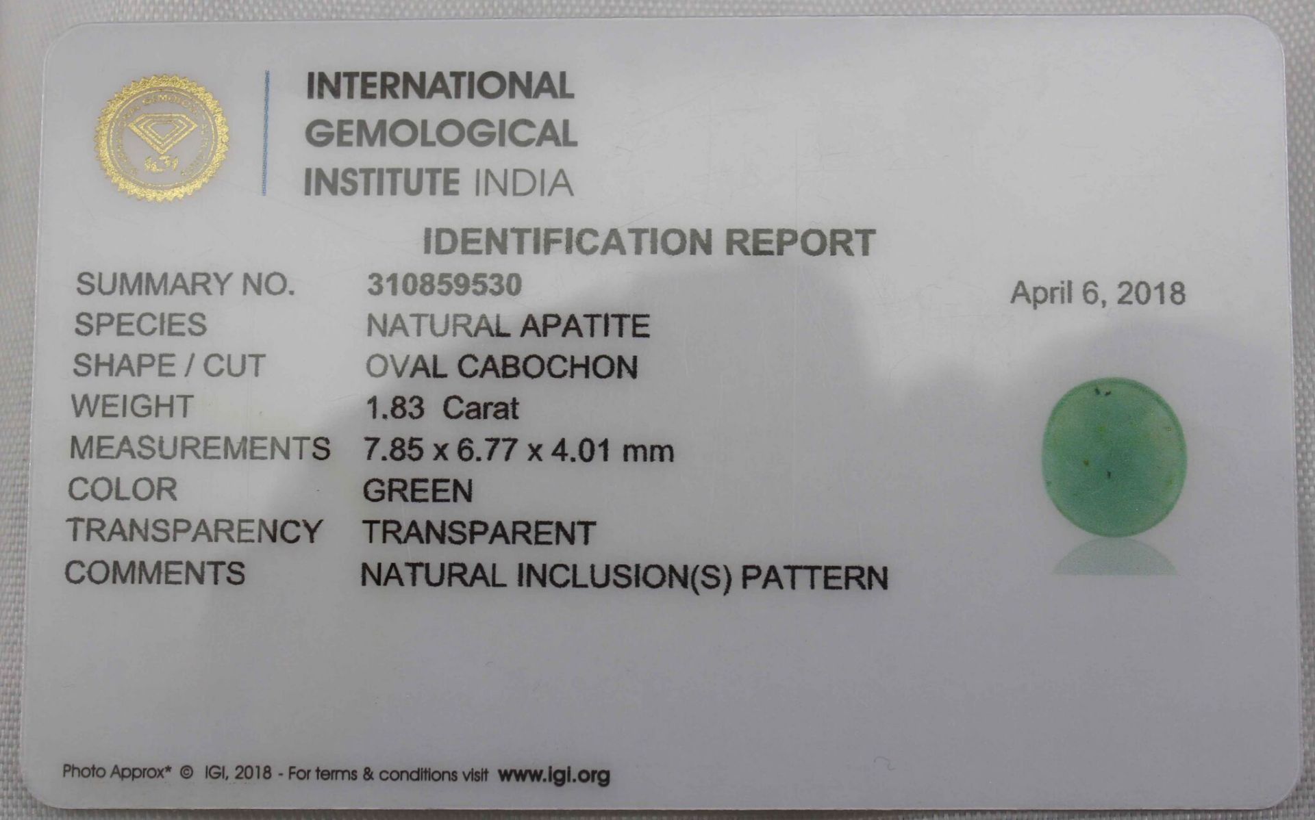 1.83 Ct Igi Certified Green Apatite - Without Reserve - Image 3 of 3