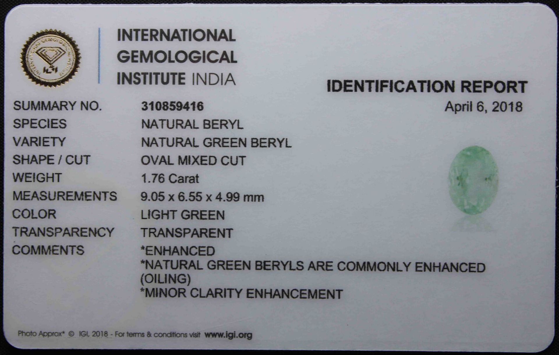 1.76 Ct Igi Certified Green Beryl - Without Reserve - Image 3 of 3