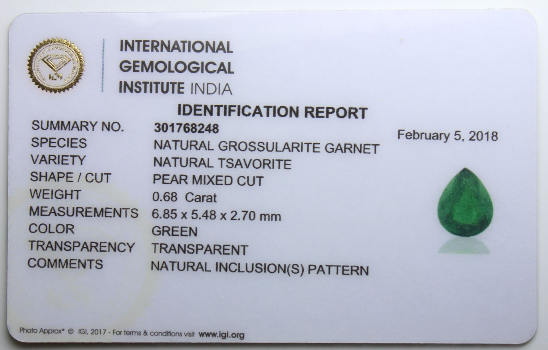 0.68 Ct Igi Certified Tsavorite - Without Reserve - Image 2 of 2