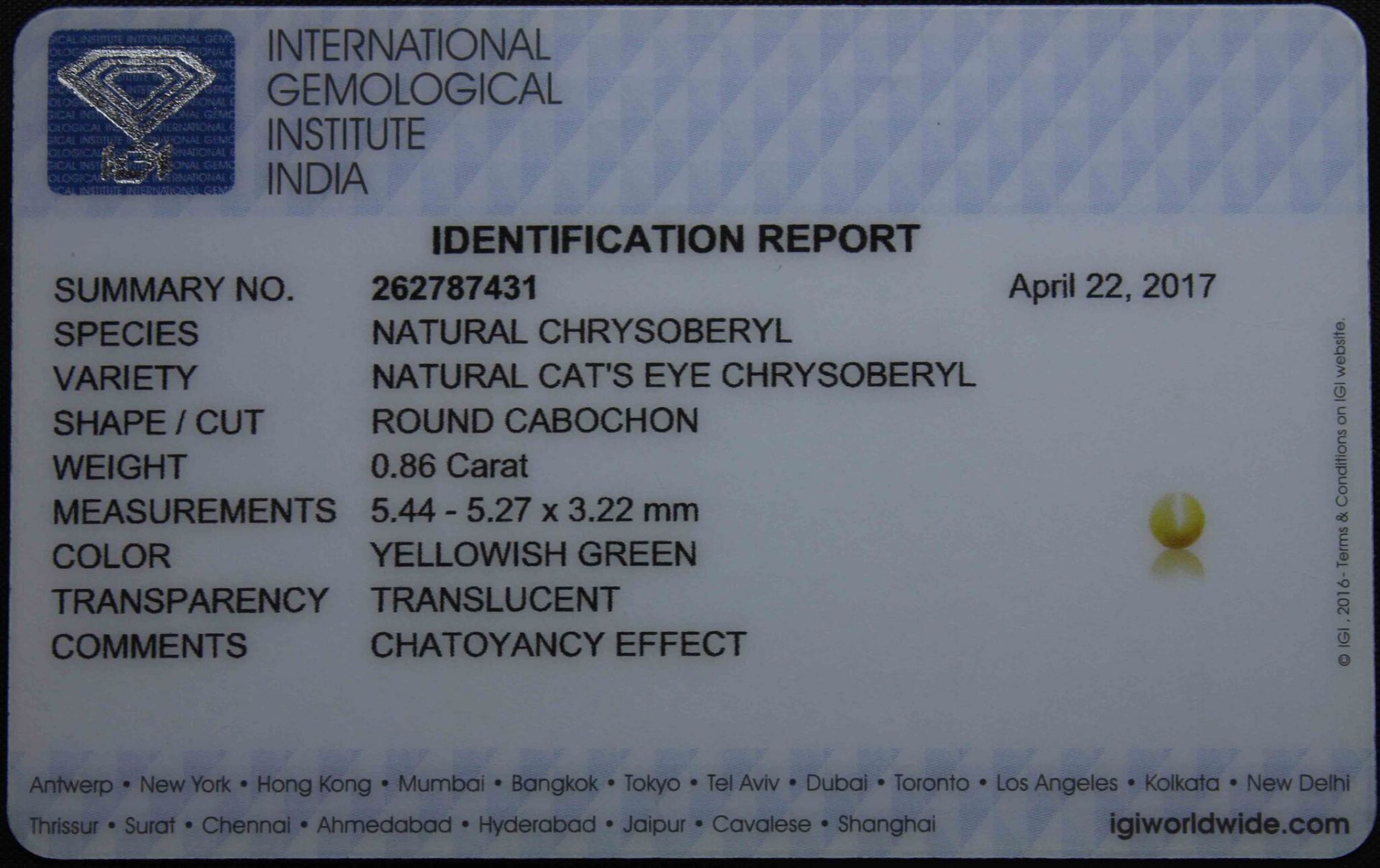 0.86 Ct Igi Certified Chrysoberyl Cat's Eye - Without Reserve - Image 3 of 3