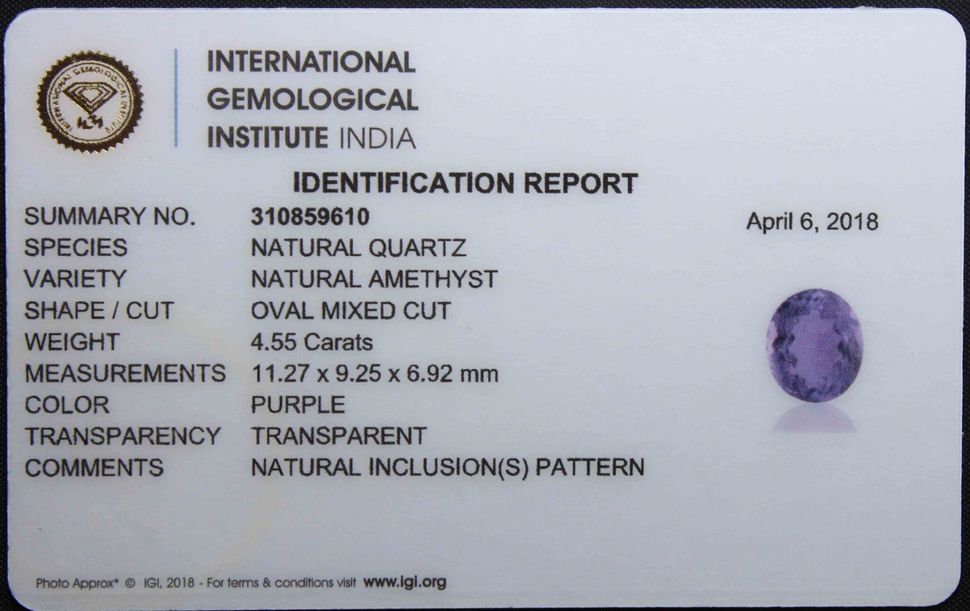 4.55 Ct Igi Certified Amethyst -Without Reserve - Image 3 of 3