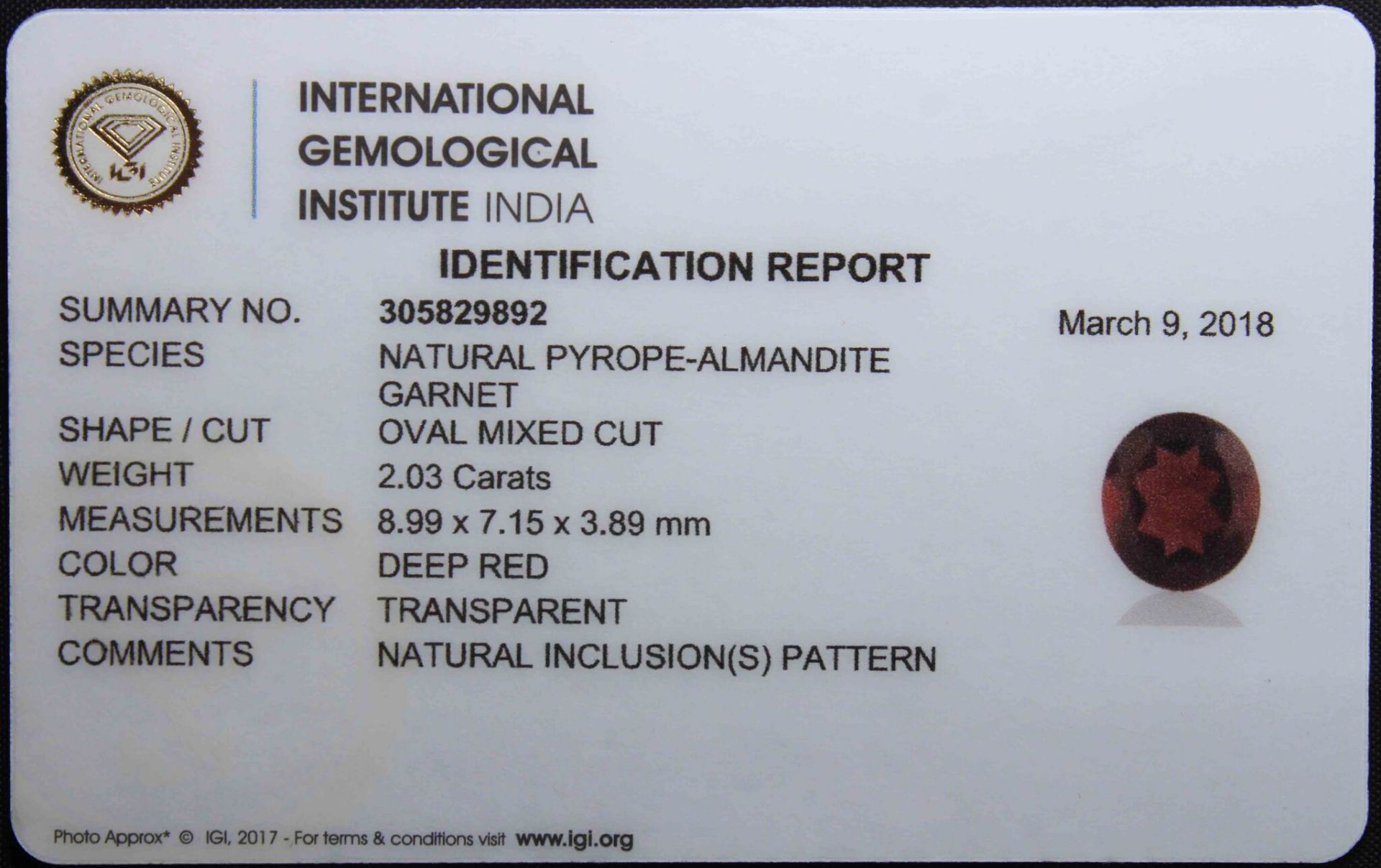 2.03 Ct Igi Certified Pyrope -Almandite Garnet - Without Reserve - Image 4 of 4