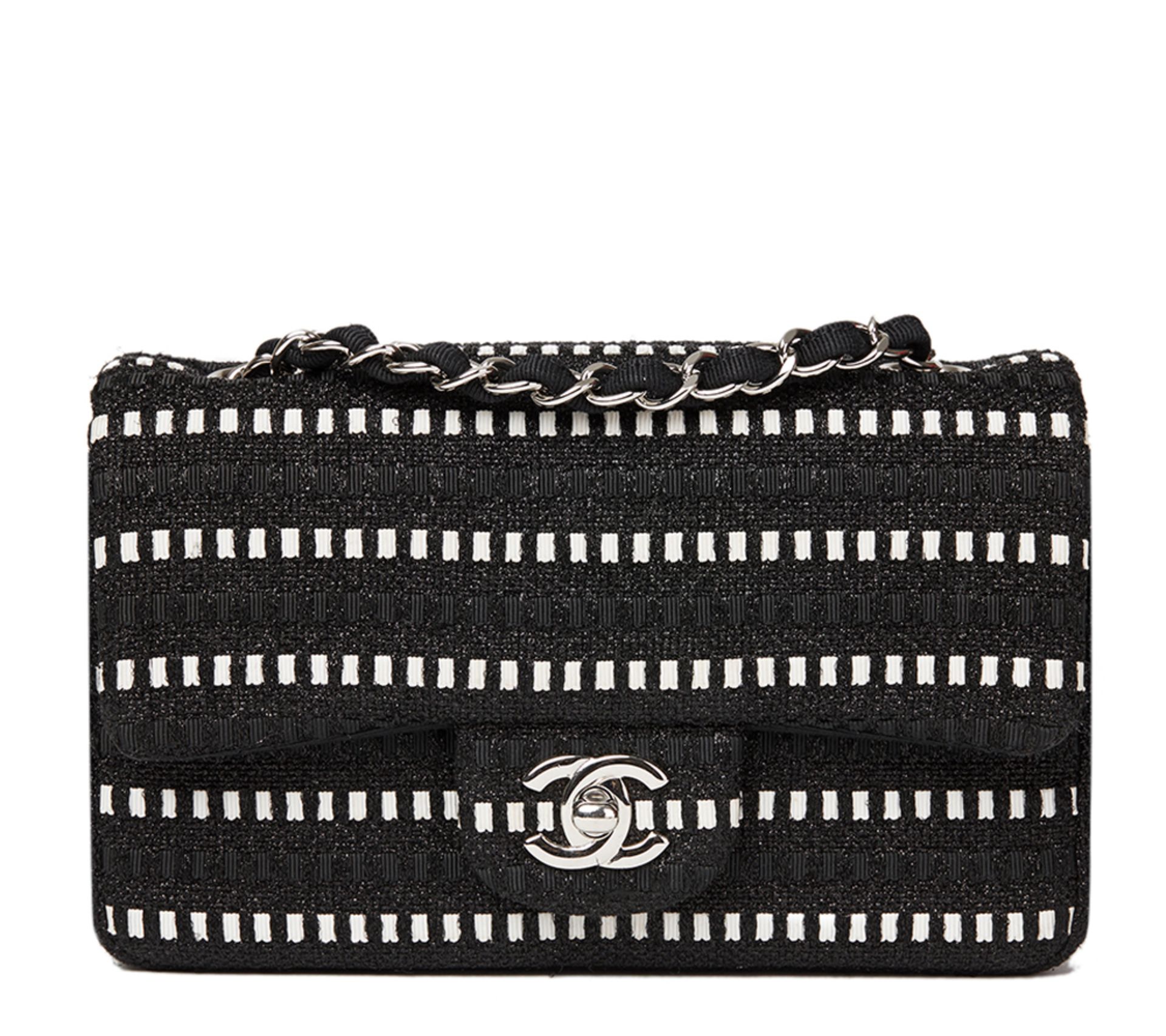 Black & White Woven Fabric Rectangular Mini Flap Bag