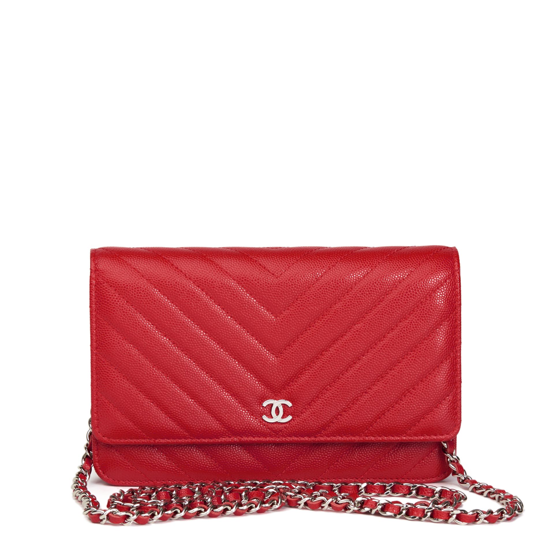 Red Chevron Quilted Caviar Leather Wallet-On-Chain WOC - Image 10 of 13