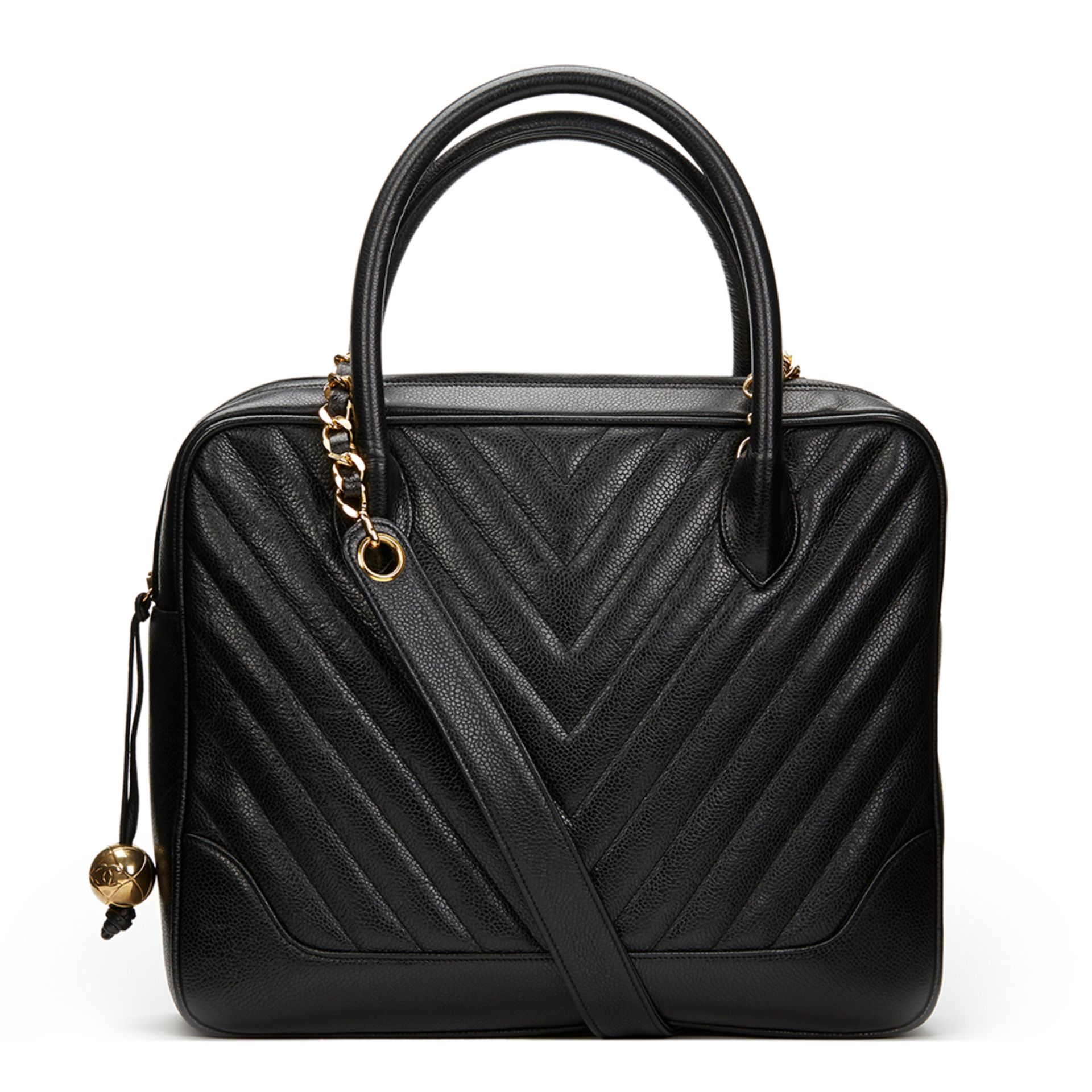 Black Chevron Quilted Caviar Leather 2 Way Shoulder Tote