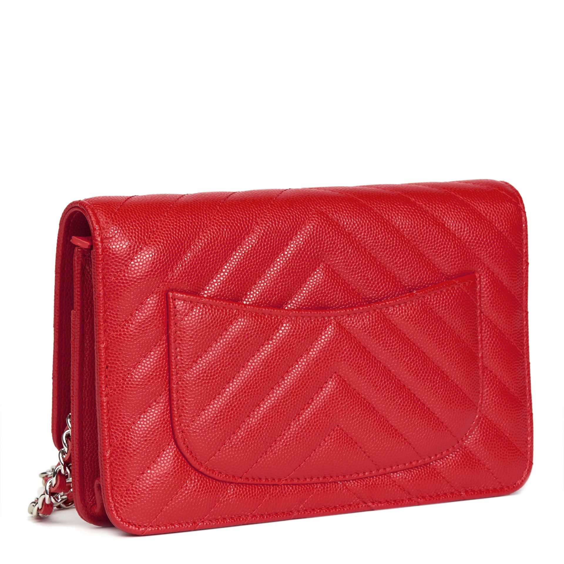 Red Chevron Quilted Caviar Leather Wallet-On-Chain WOC - Image 4 of 13