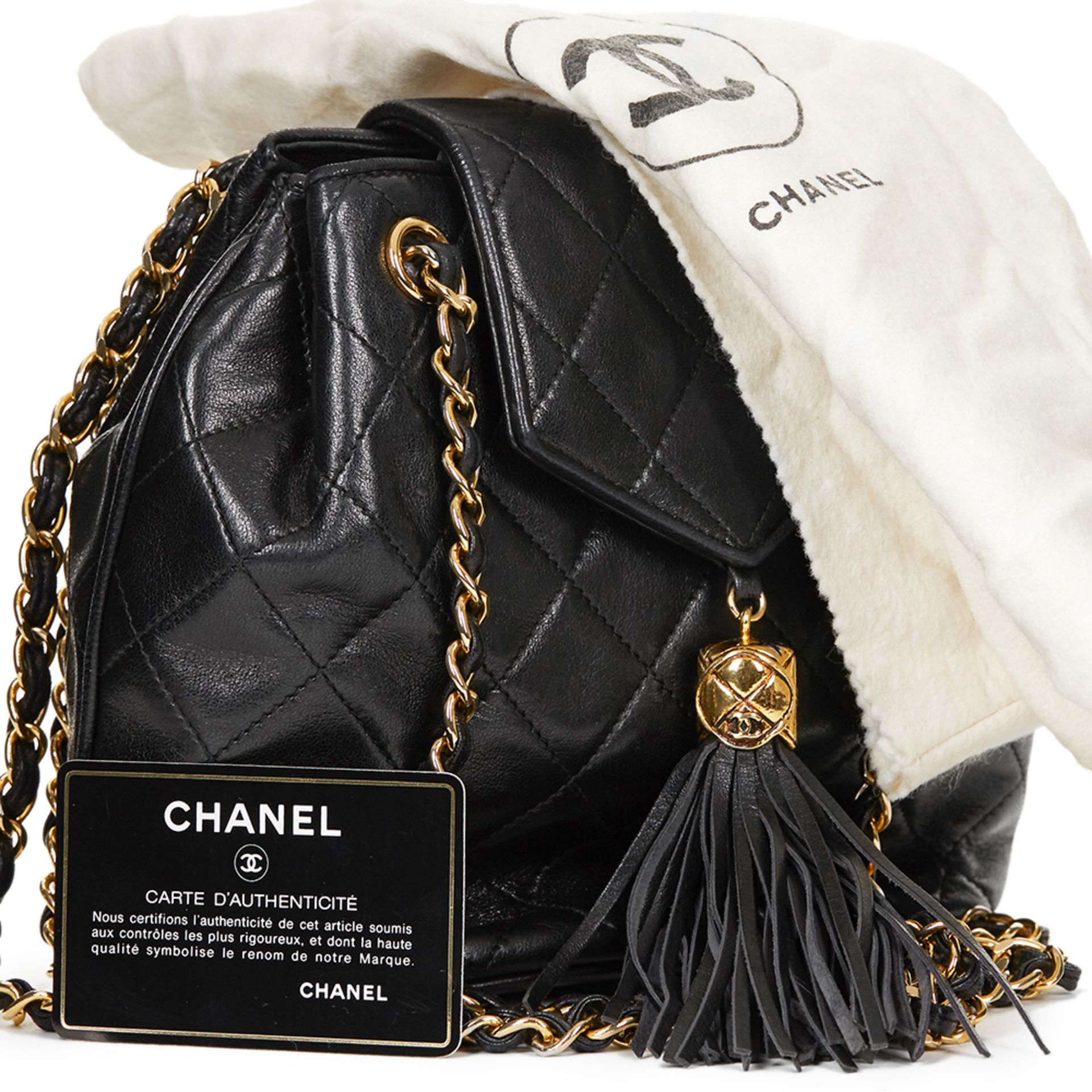 Black Quilted Lambskin Vintage Timeless Fringe Shoulder Bag - Image 9 of 10