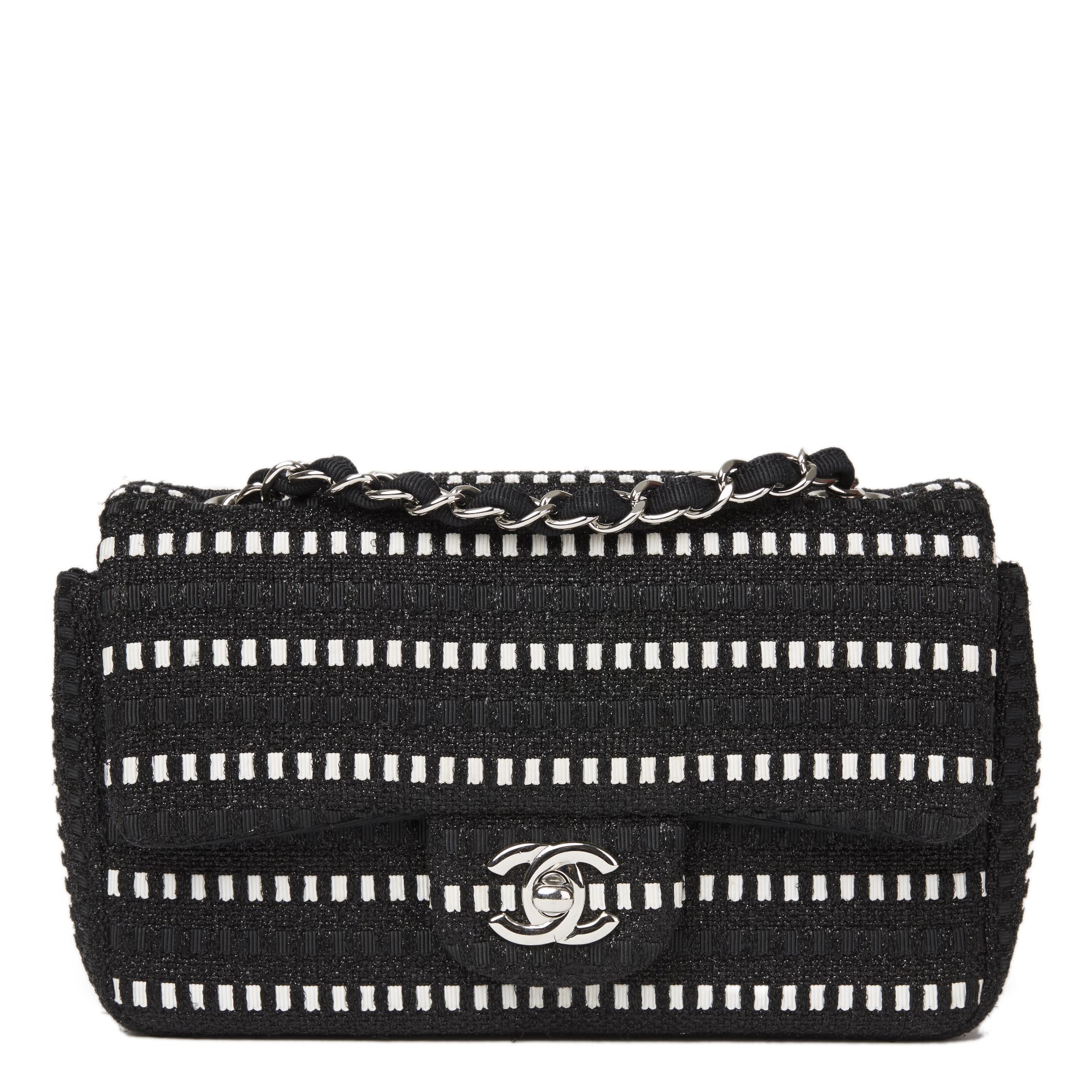 Black & White Woven Fabric Rectangular Mini Flap Bag - Image 9 of 12