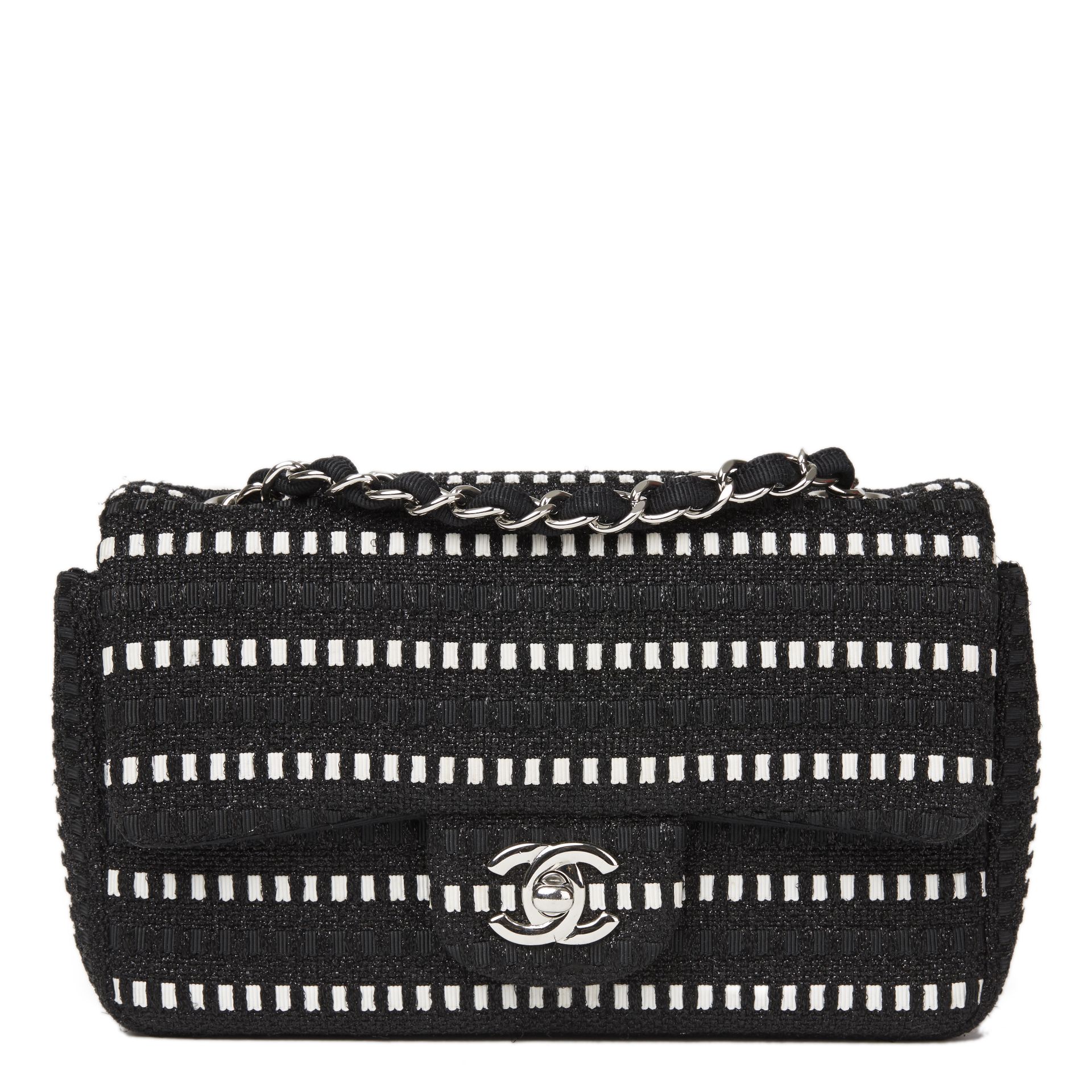 Black & White Woven Fabric Rectangular Mini Flap Bag - Image 7 of 12