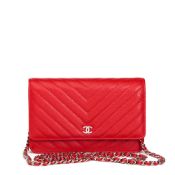 Red Chevron Quilted Caviar Leather Wallet-On-Chain WOC