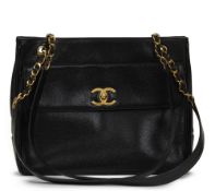 Black Caviar Leather Vintage Classic Shoulder Bag