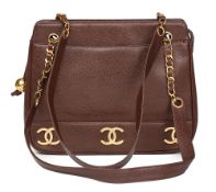 Chocolate Brown Caviar Leather Vintage Logo Trim Shoulder Bag