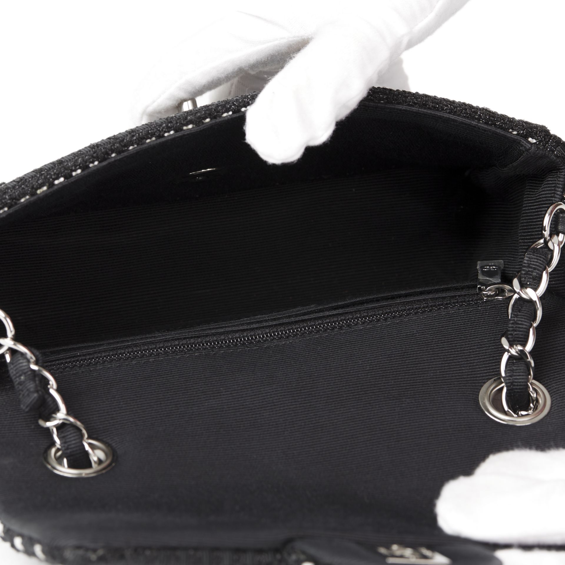 Black & White Woven Fabric Rectangular Mini Flap Bag - Image 12 of 12