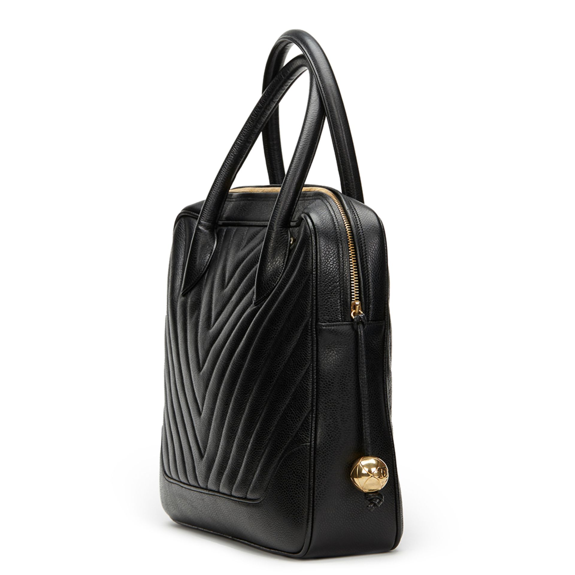 Black Chevron Quilted Caviar Leather 2 Way Shoulder Tote - Image 6 of 9
