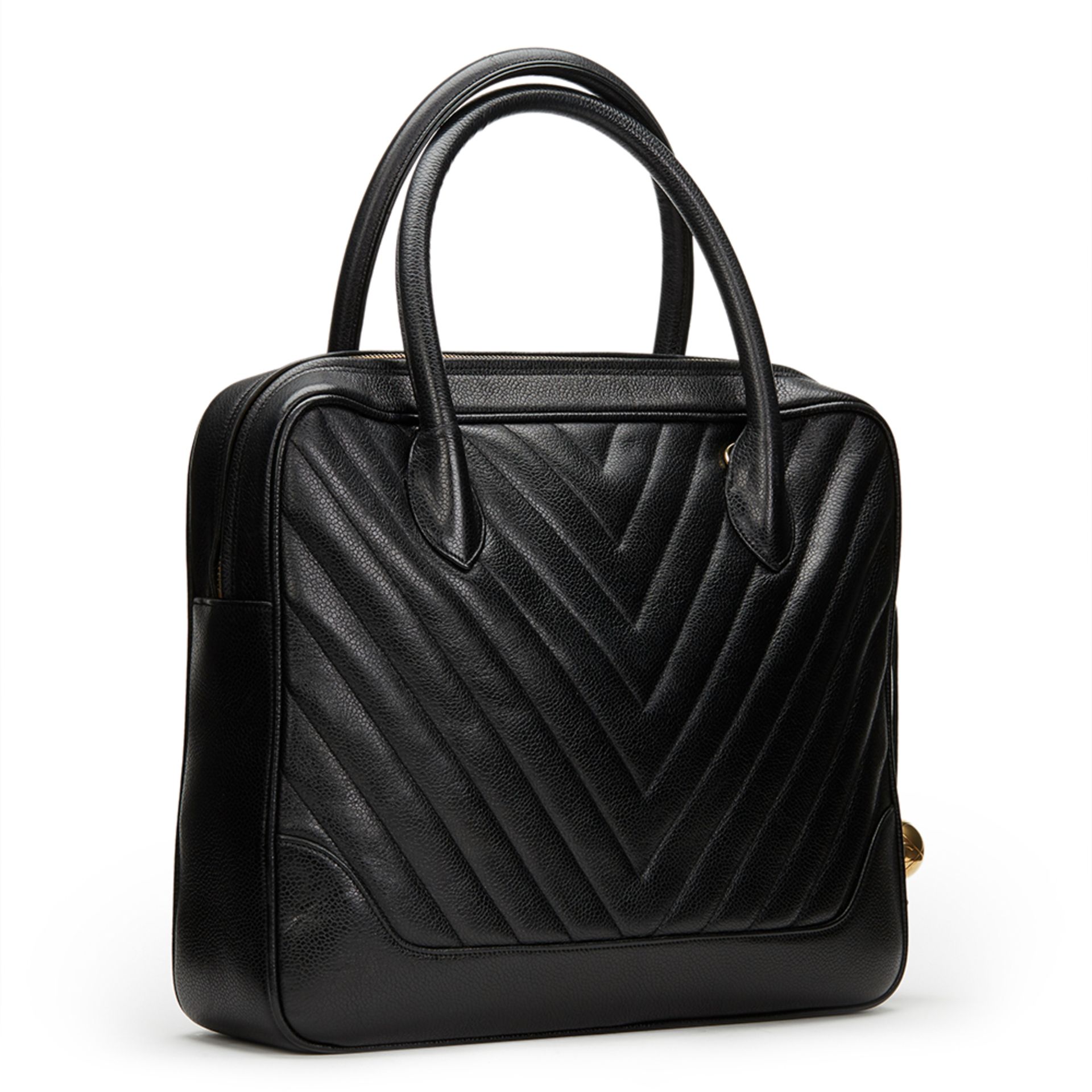 Black Chevron Quilted Caviar Leather 2 Way Shoulder Tote - Image 5 of 9