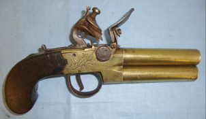 Early 1800's Irish Brass Framed Double Barrel, Over & Under, Tap Action Flintlock Pocket Pistol By