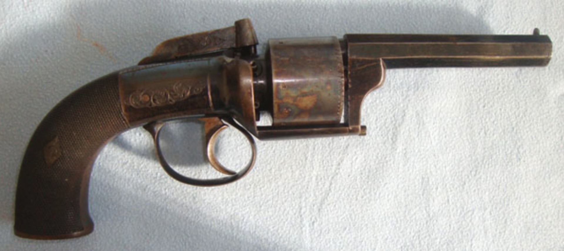 MINT, C1840, English Laird's Patent .44" Bore, Transitional 6 Shot Bar Hammer Percussion Revolver.