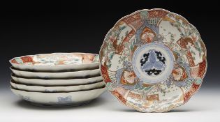 Antique Japanese Set Six Imari Fluted Plates With Lion Dogs 19Th C.