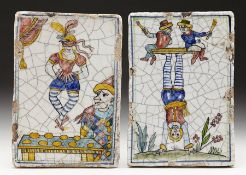 Pair Antique Italian Maiolica Tiles With Entertainers Early 19Th C.