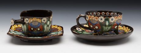 Two Antique Swiss Thoune Majolica Cups & Saucers C.1900