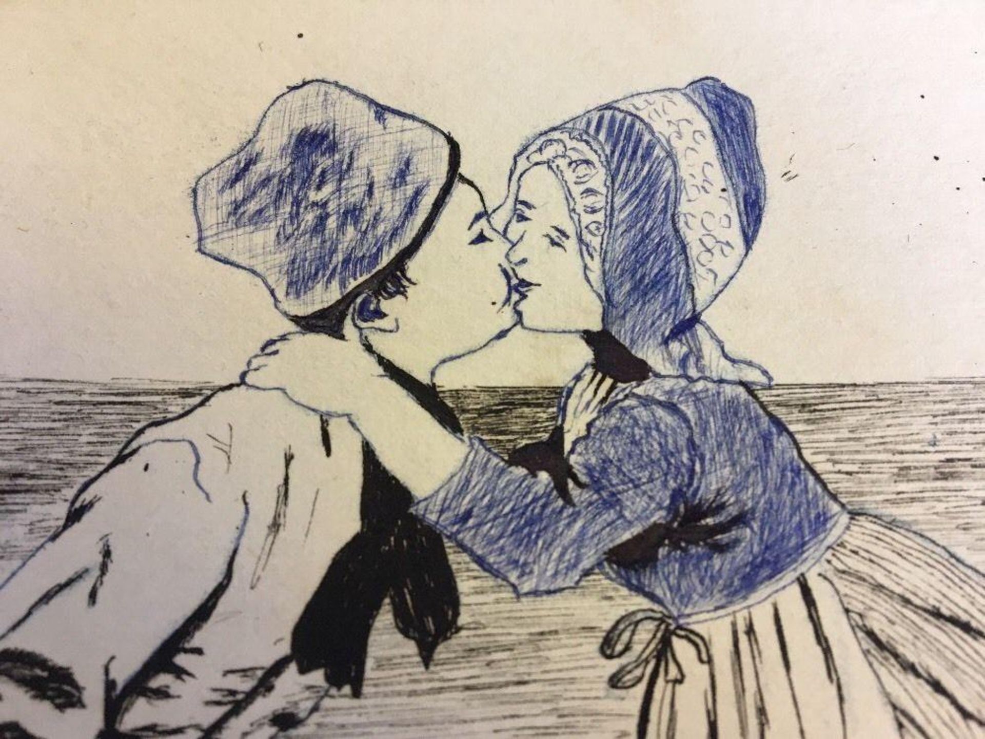 Antique Pen Ink Drawing Painting circa 1910 Signed E.A.S Quirky Kissing Children - Image 3 of 3