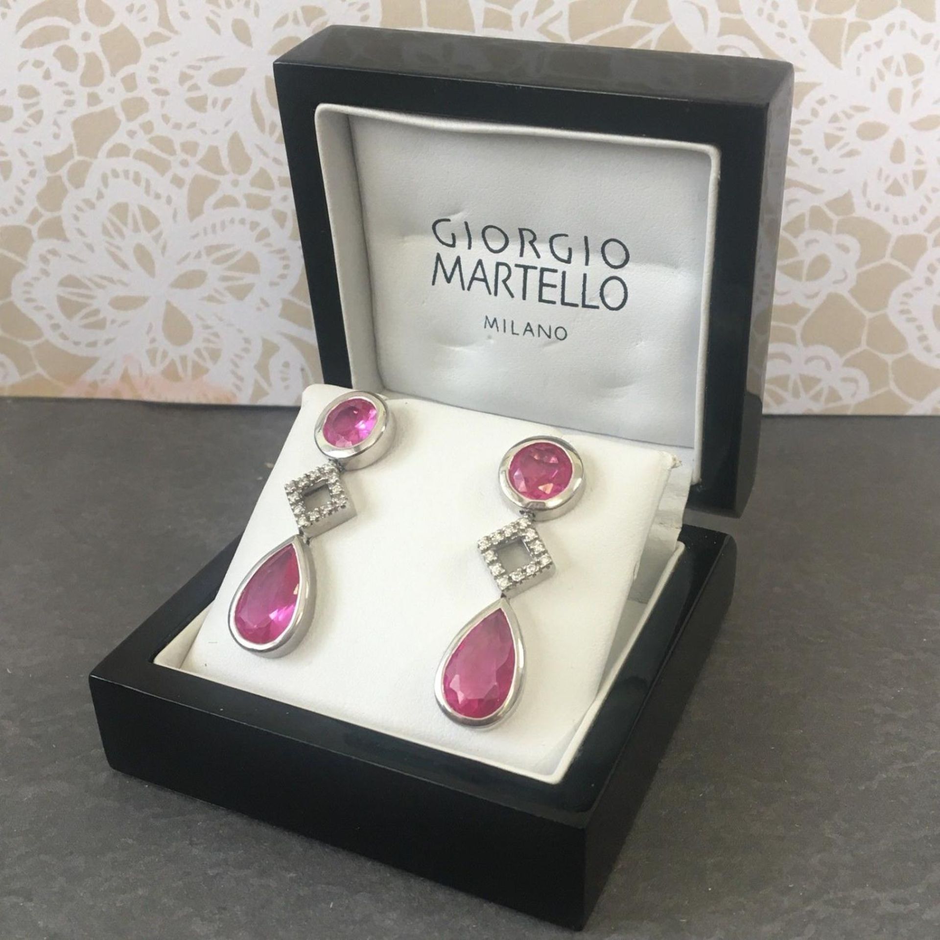 Georgio Martello Milano Italian Silver zirconia pink stone glam dangle earrings