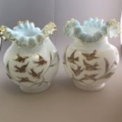 Pair of Victorian Milk Glass Globular Vases Hand Painted Flying Bird Decoration