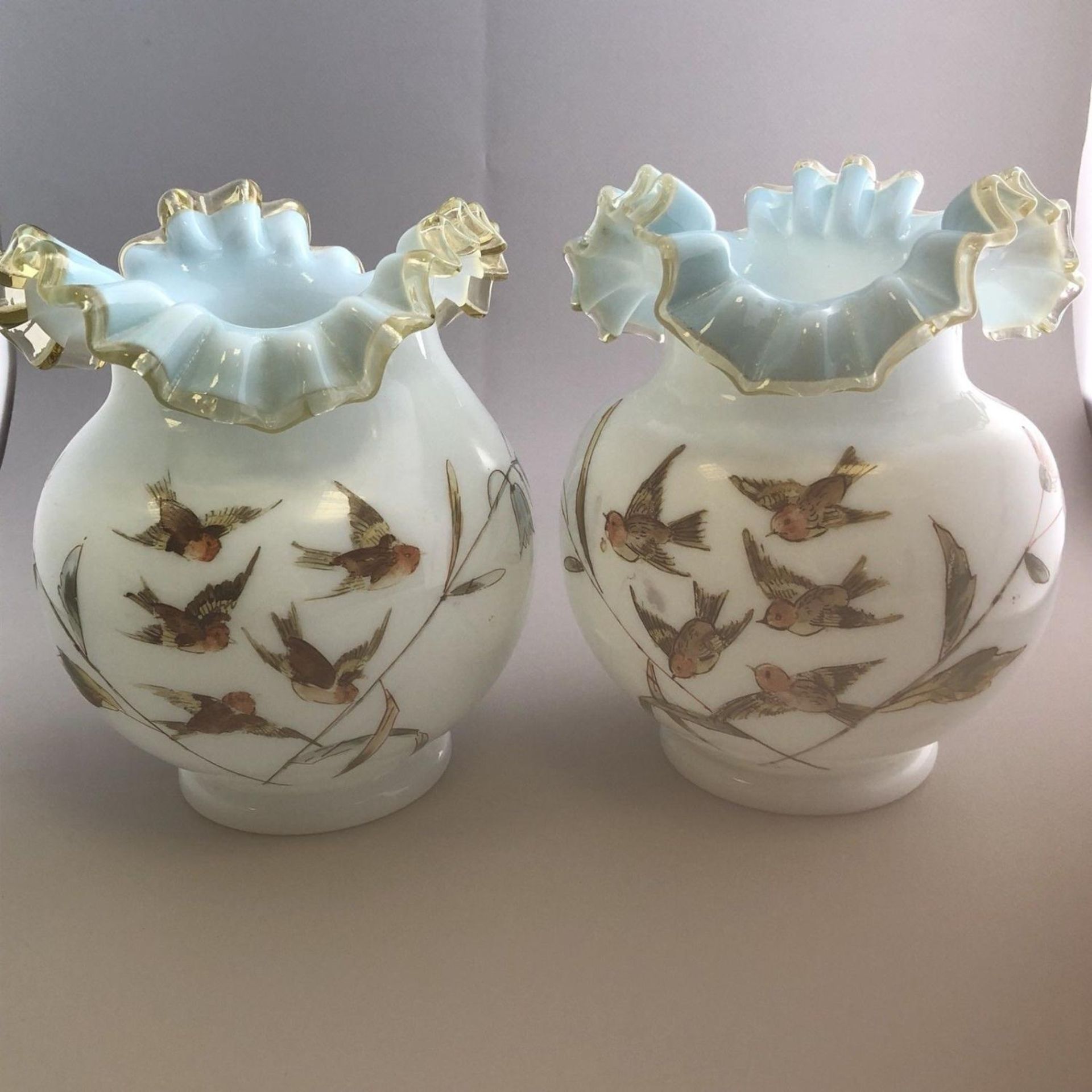 Pair of Victorian Milk Glass Globular Vases Hand Painted Flying Bird Decoration