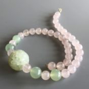 Necklace of Light Green and Pink Jade Beads, Carved Pendant and 9ct Gold Clasp