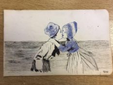 Antique Pen Ink Drawing Painting circa 1910 Signed E.A.S Quirky Kissing Children