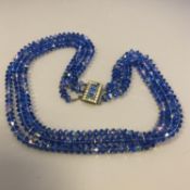 Stunning original Art Deco triple multi strand blue crystal necklace paste clasp