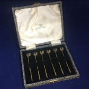 Vintage 1950s set of 6 cased solid HM sterling silver cockerel cocktail sticks