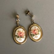 Pair of vintage 9ct Gold earrings with pink rose oval panel