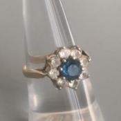 Vintage Art Deco Sapphire Blue & Clear Paste Stones Silver Gilt Ring -UK Size M