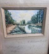 British WWI Framed Watercolour Painting Lys River St Venant France Western Front