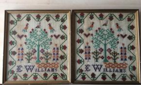 Pair of Antique 19th Century Cross Stitch Sampler by E Williams - Framed Glazed