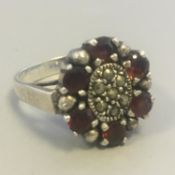 Stunning Vintage Silver Art Deco Ruby Red Marcasite Flower Cocktail Ring Size T