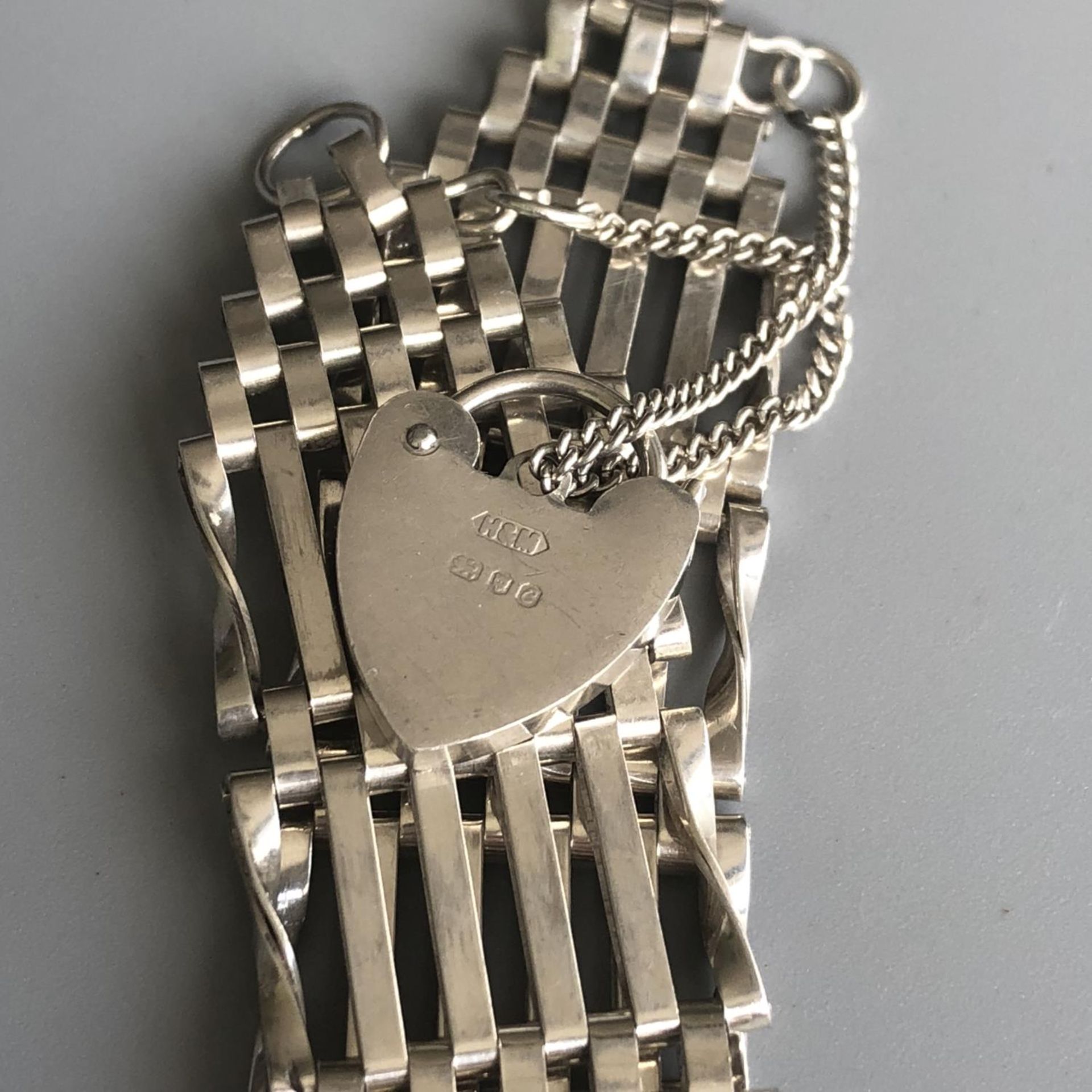 A retro silver gate bracelet with heart padlock and safety chain - London hallmarks - Image 3 of 3