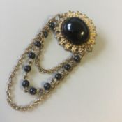 Vintage Brooch Victorian Mourning type - Black Glass Beads and Brass_